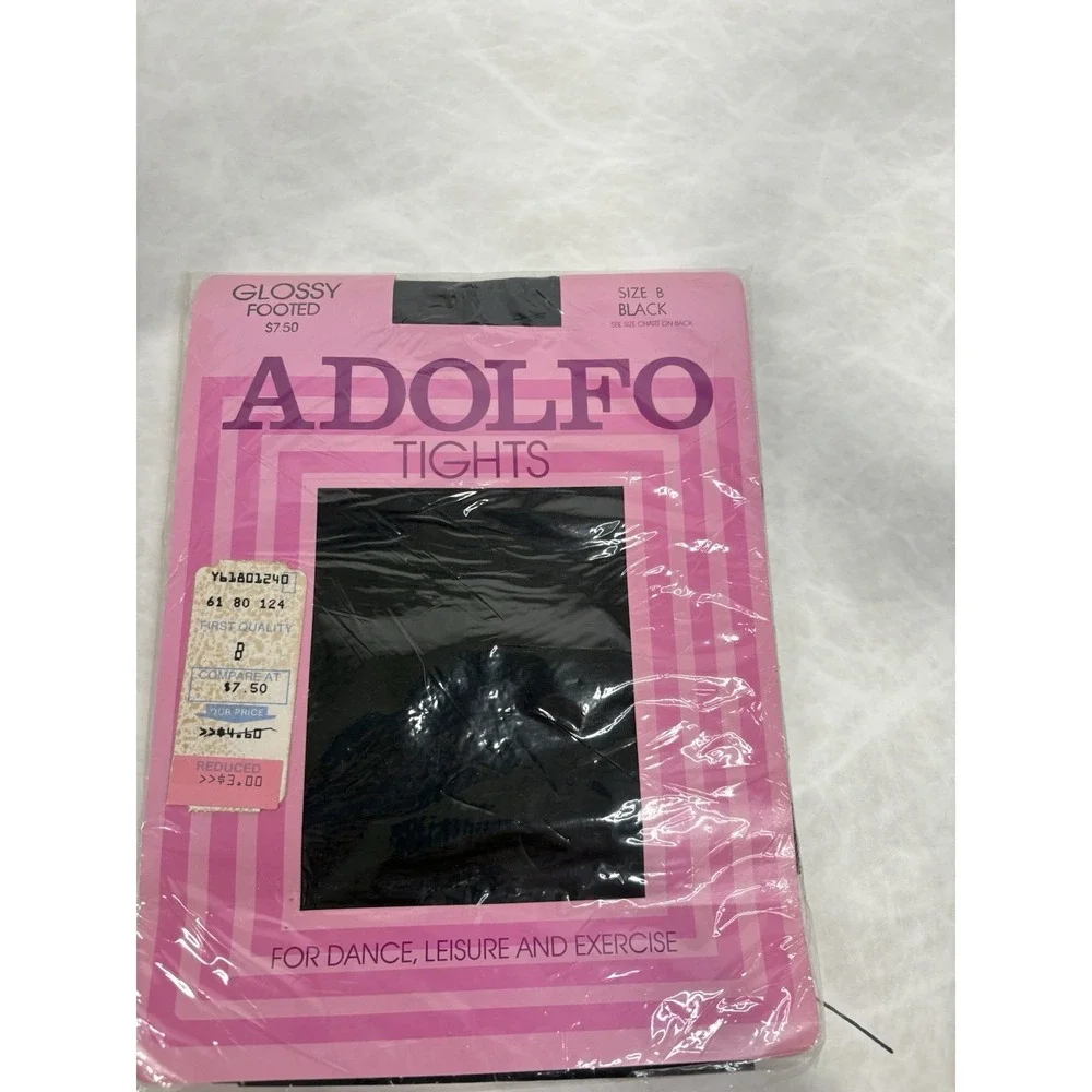 Vintage Adolfo Glossy Footed Tights Size B Black NOS NWT Deadstock 80s Dance NOS